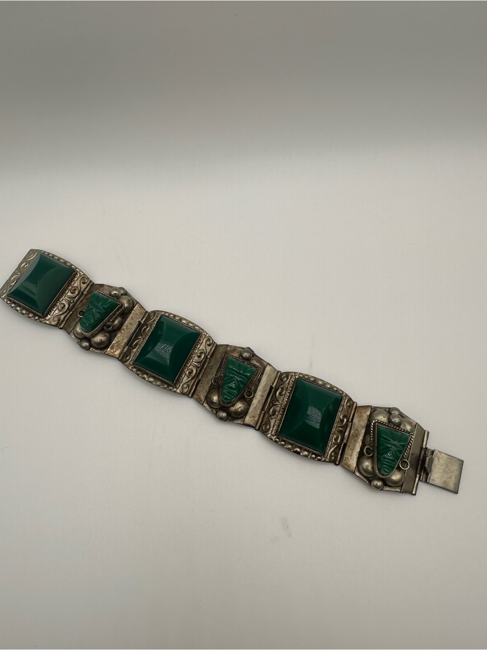 Vintage TAXCO Mexico 925 Sterling Silver Carved Green Onyx Panel Bracelet